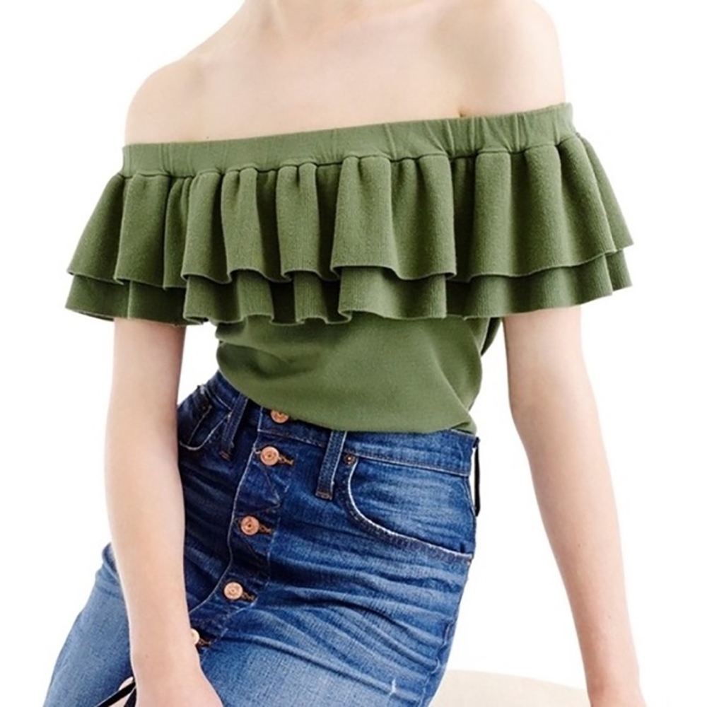 VINTAGE J CREW OLIVE GREEN RUFFLE OFF THE SHOULDER KNIT BLOUSE SWEATER TOP